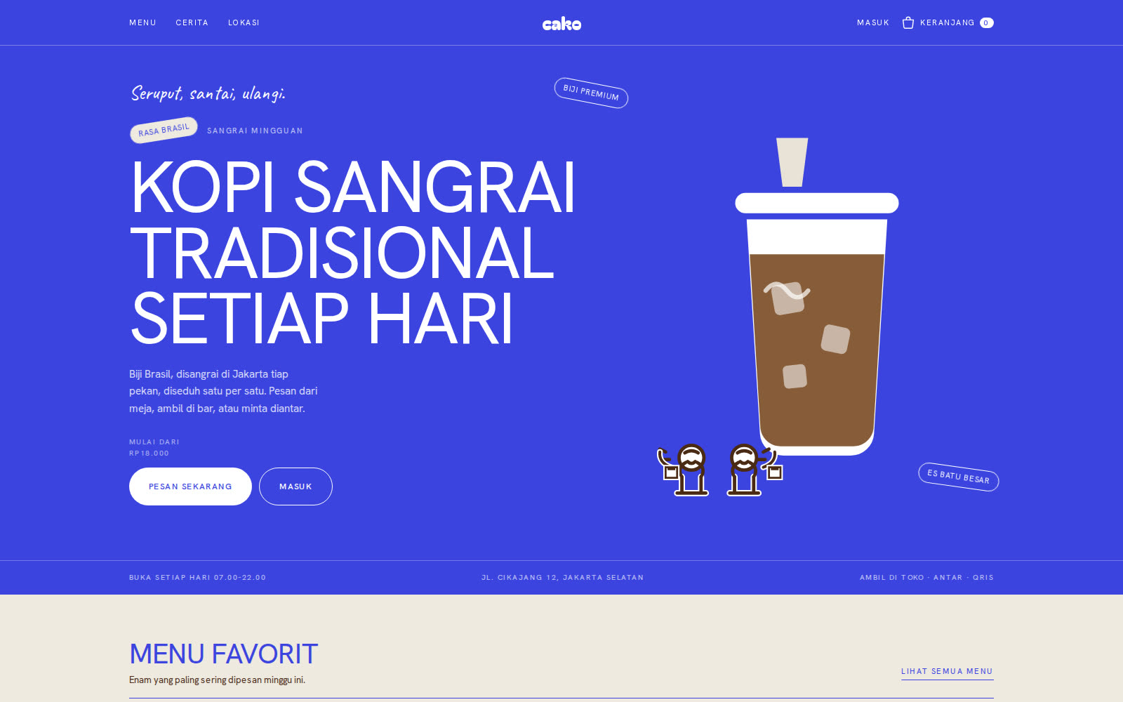 Contoh beranda cako: kopi sangrai tradisional, cangkir es kopi, dan tombol pesan